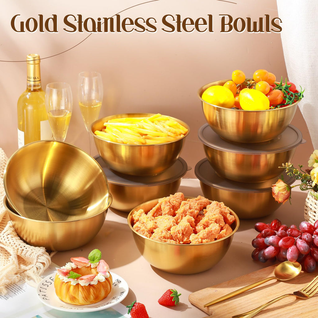Nuogo 12 Pack 8.27 Inches Gold Stainless Steel Mixing Bowls with Airtight Lids Stackable Metal Serving Esthetician Facial Bowls for Salad, Fruit, Soup & Kitchen Prep