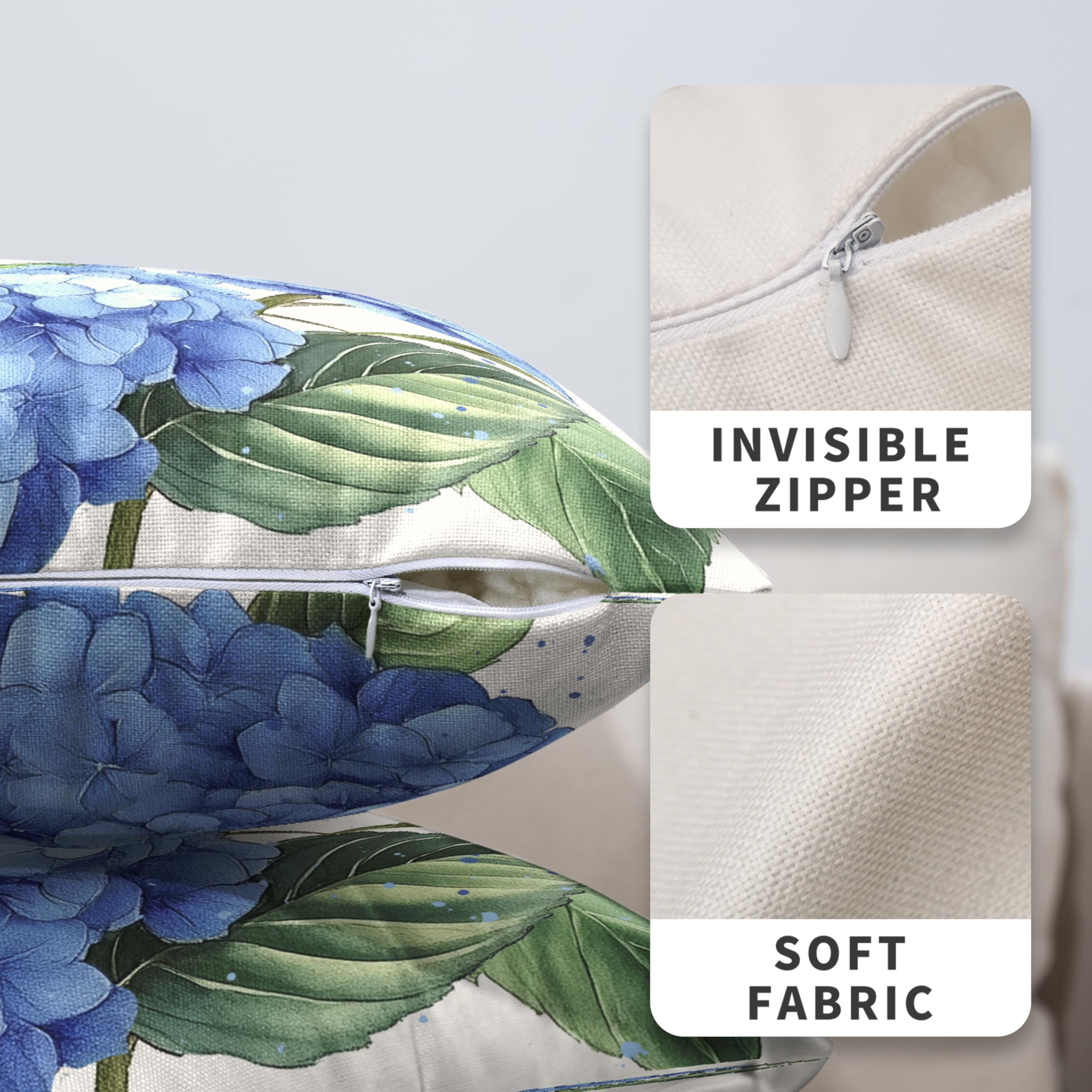 Kwlegh Blue Hydrangea Pillow Covers 18x18 Set of 2 Spring Summer Decorative Pillow Covers Flower Throw Pillow Case Square Cotton Linen Cushion Case for Outdoor Living Room Couch Sofa