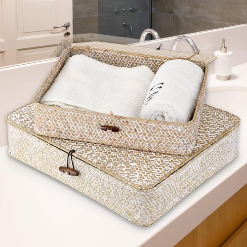 Hipiwe Wicker Storage Bins - Set of 2 Flat Seagrass Baskets with Lids | Natural Whitewash Home Organizers