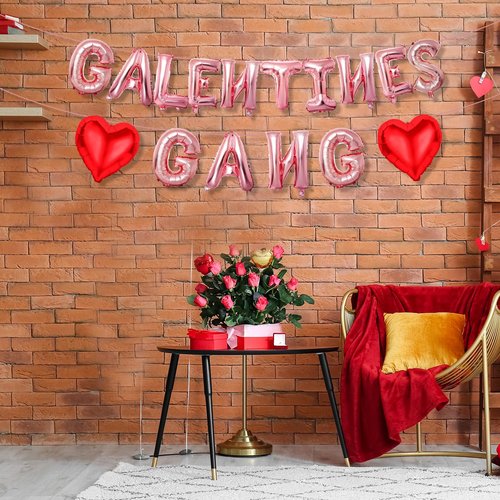 Happy Galentines Day Balloons Decorations, 16 Inch Red Pink GALENTINES GANG Banner Heart Shape Foil Balloons for Girls Birthday Engagement Party Valentines Day Decorations