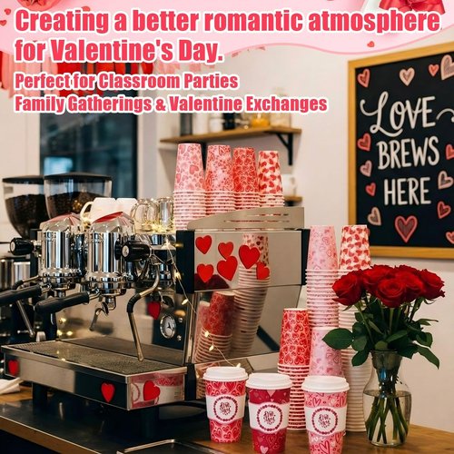 Jingmore 48 Sets 16oz Disposable Paper Coffee Cups with Lids Sleeves Straws Holiday Paper Drinking Cups Bulk for Hot Cold Beverages Home Business Cafe Birthday Party Supplies (Hearts)