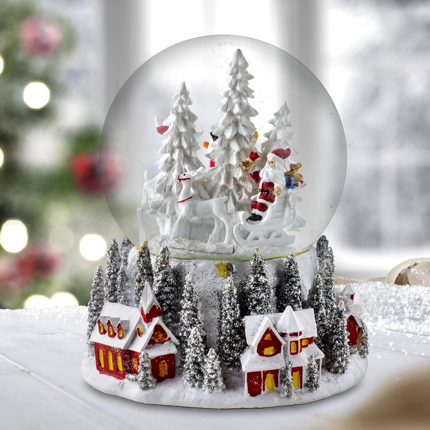 San Francisco Music Box Company Snow Globe - 120MM Santa & Snowman with Red Village Base