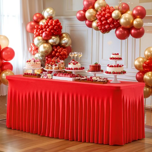 2 Pack Red Table Cloth for 8 Foot Rectangle Tables Spandex Fitted Tablecloth 8ft Stretch Table Covers Skirt Red Banquet Tablecloths Wrinkle Free Tablecloth for Party Wedding Birthday Event