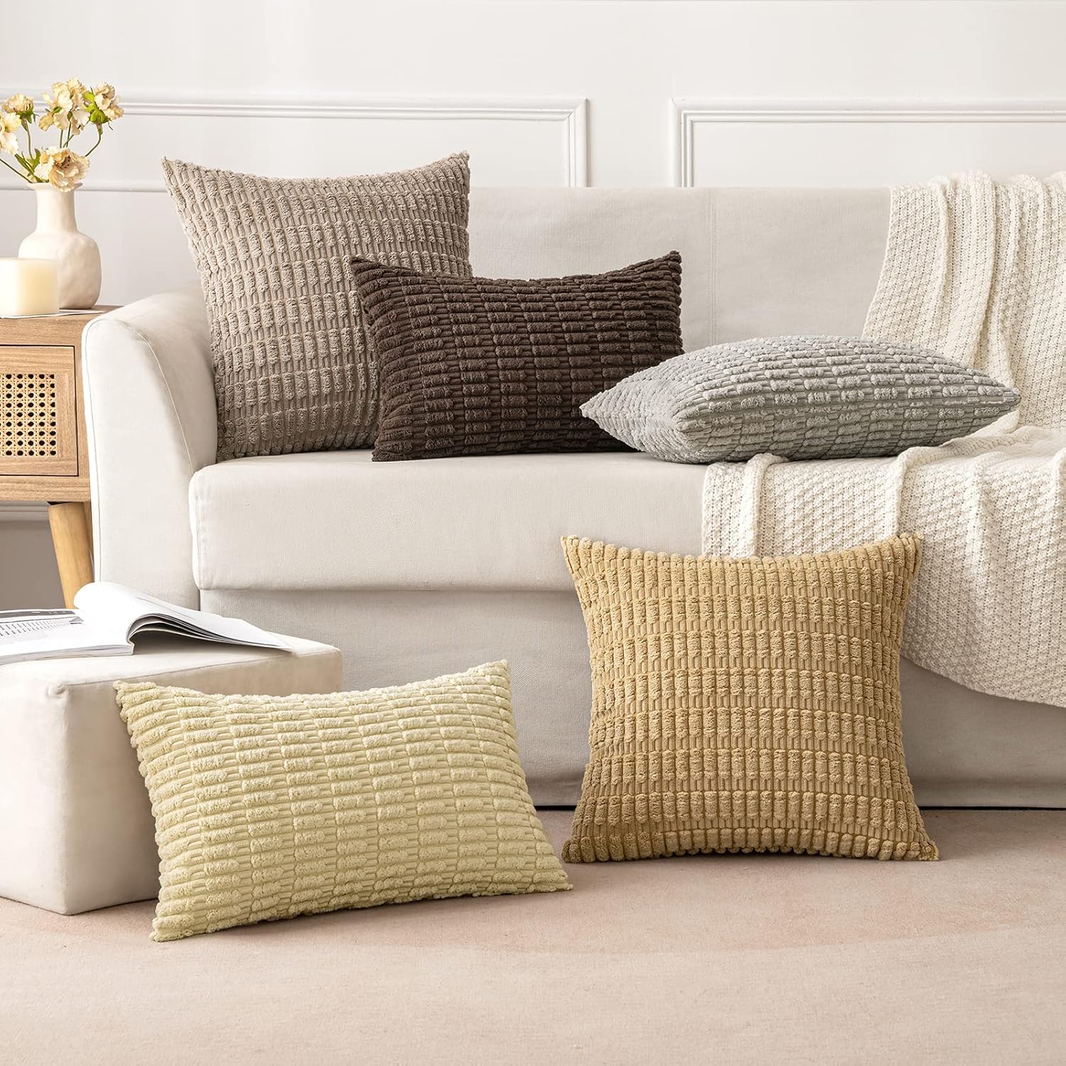 MIULEE Corduroy Throw Pillow Covers - Soft Boho Striped Design | 16x16 Inch Beige for Modern Home Decor