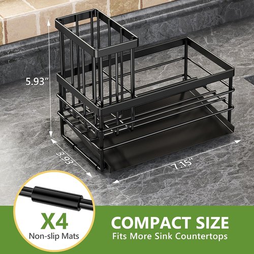 Cisily Sink Caddy - Rustproof Sponge Holder with Brush Storage & Self-Draining Tray | Black