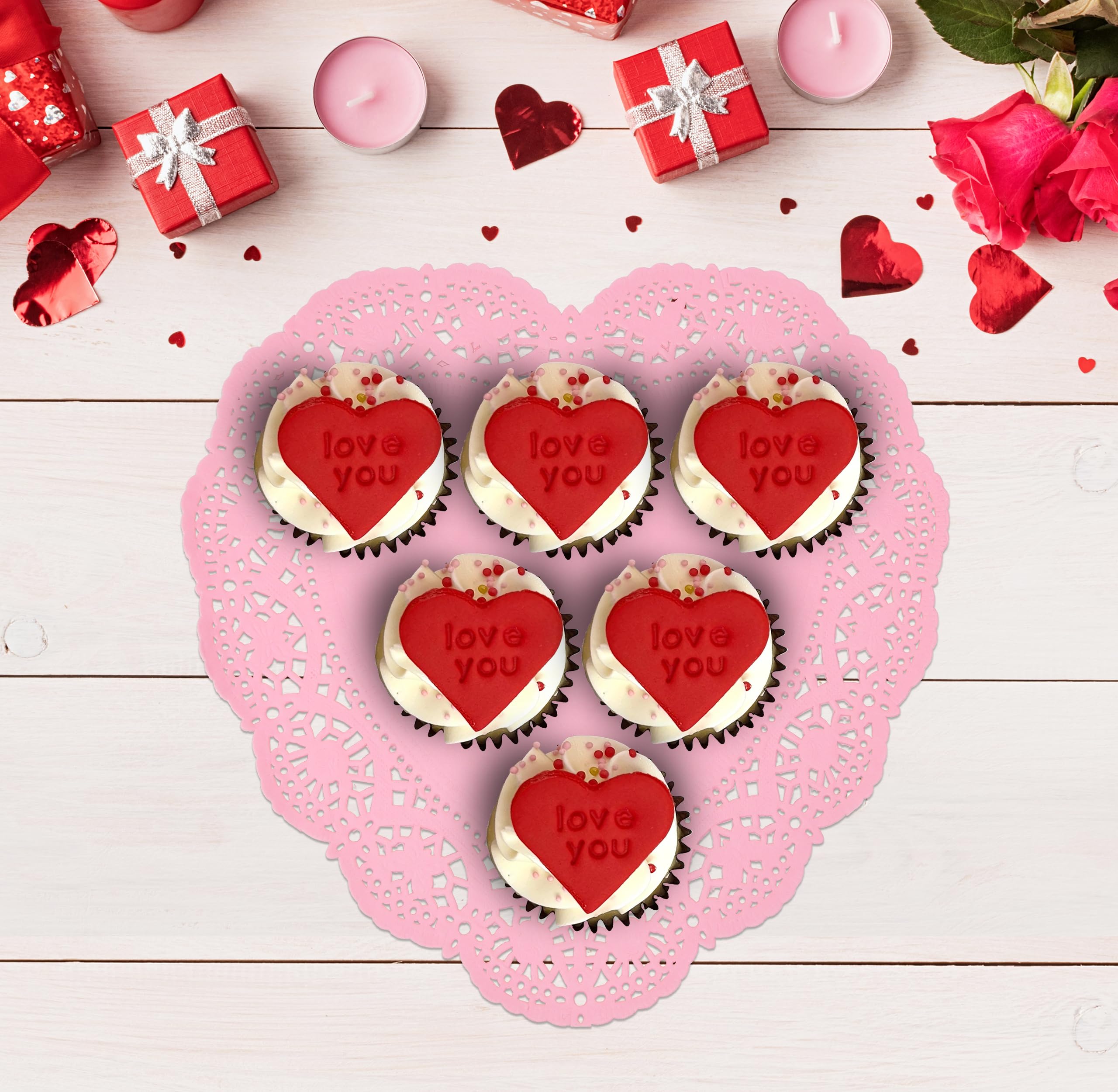 100 Pcs 12 Inch Valentine Heart Doilies Cutouts Paper Lace Doily Red Craft Gift Set for Table Party Decorations