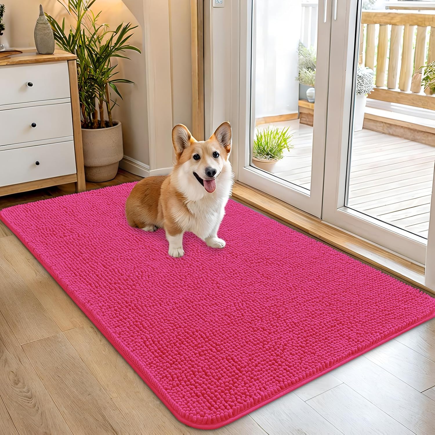OLANLY Dog Door Mat - Absorbent Non-Slip Chenille Mat for Muddy Paws | 45x27, Quick Dry, Hot Pink