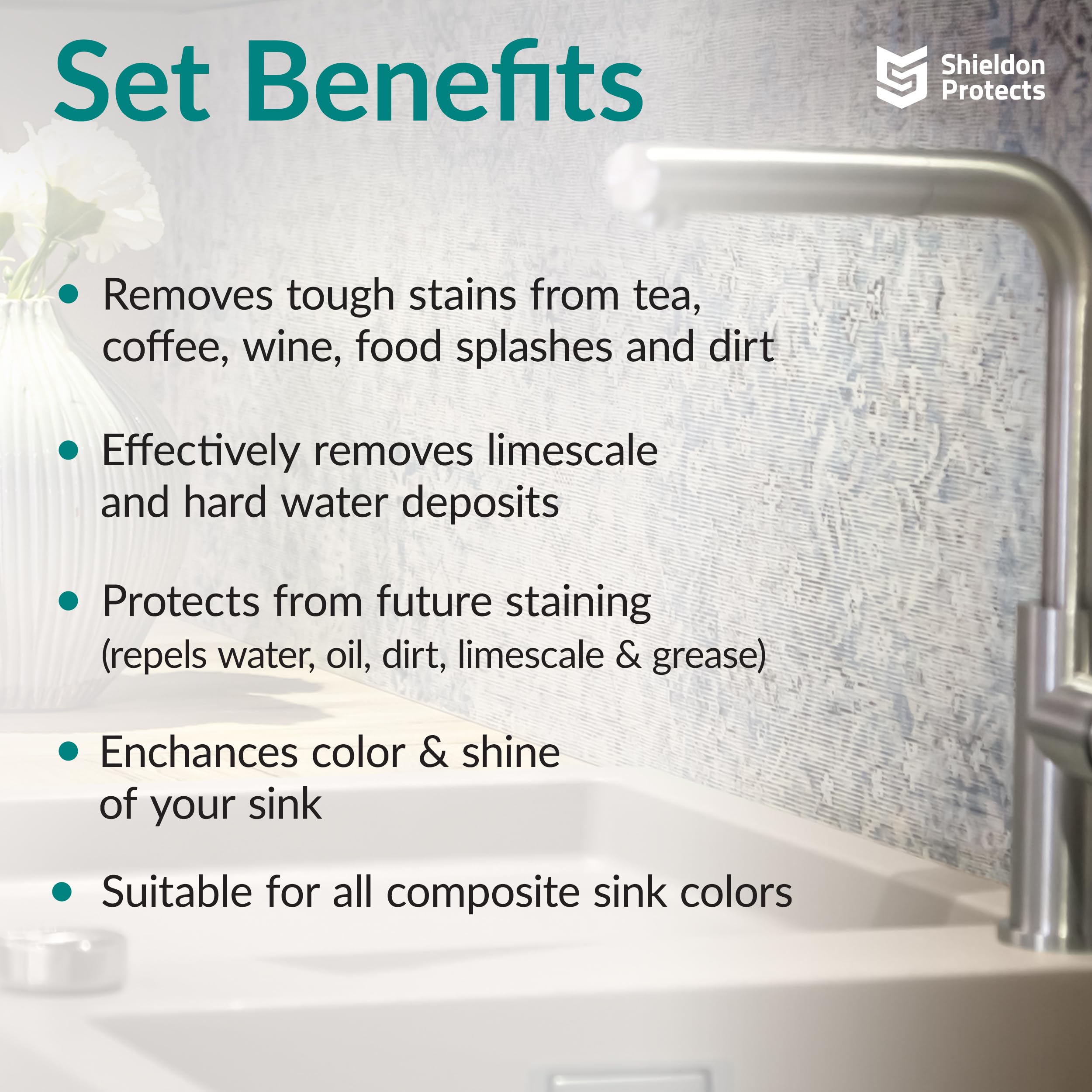 Shieldon Protects Sink Restorer Kit – 3-Step System: Heavy Duty Kitchen Sink Cleaner, Hard Water Stain Remover & Nano Sealer Protector for Granite Composite, Quartz, Porcelain & Ceramic Kitchen Sinks