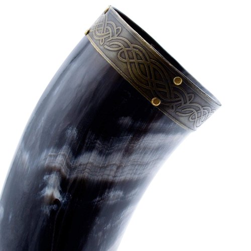 Norse Tradesman Genuine 12" Ox-Horn Viking Drinking Horn with Antique Brass Rim & Wolf Tip, Brown Leather Belt Holster, Fitted Stand & Burlap Gift Sack - The Fenrir, 12-Inches, High Polish