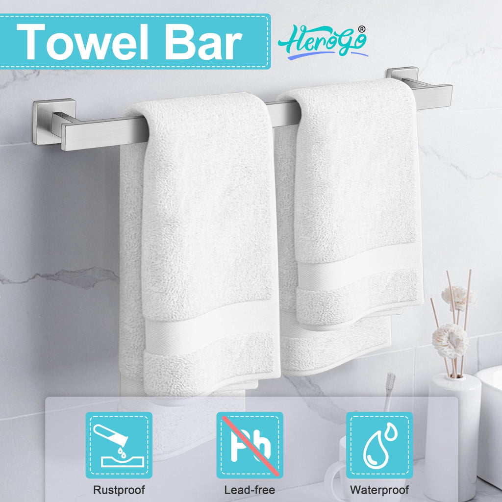 Herogo Bathroom Accessories Set, 23.5 Inch 5 Pieces Brushed Nickel Bathroom Hardware Set, Bath Towel Racks Bars with Toilet Paper Holder, Hand Towel Holder Ring & Hooks, Wall Mount
