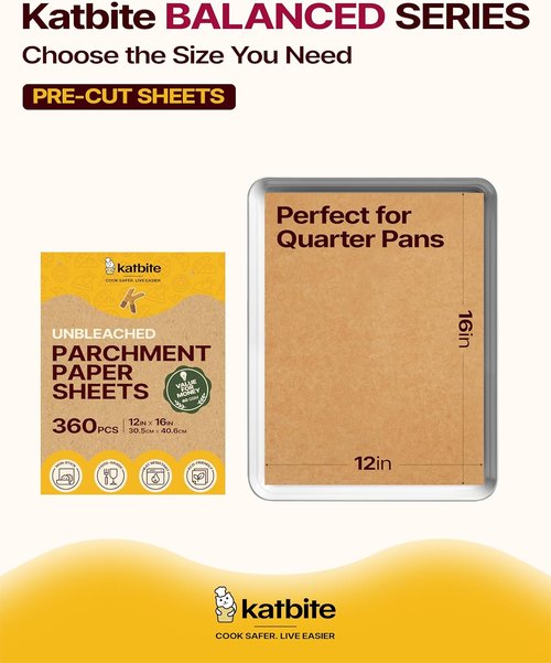 Katbite Parchment Paper Sheets - 360 PCS Unbleached Non-Stick Baking Paper | 12x16 Inches for Oven & Air Fryer