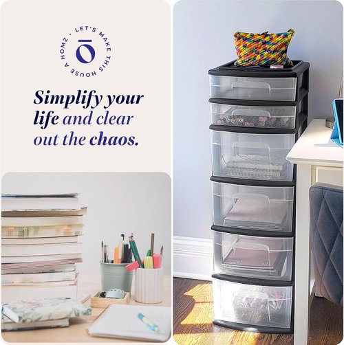 HOMZ 6-Tier Drawer Tower - Heavy-Duty Clear Plastic Storage Organizer Cart for Home & Closet