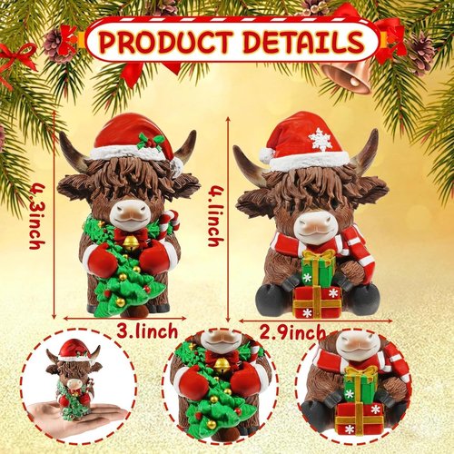 Exasinine Highland Cow Figurines - Festive Christmas Decor with Santa Hat & Candy Cane | 2 Pcs Set