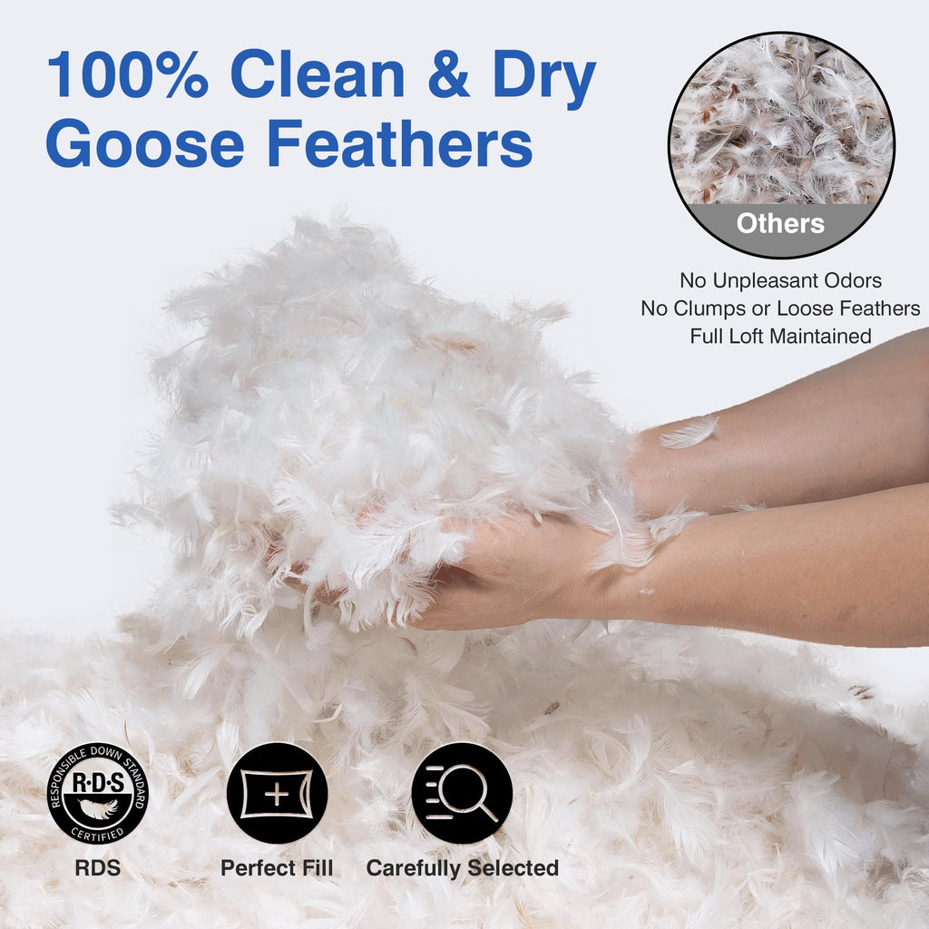 zibroges Goose Feather Pillows Queen Size Pack of 2 - Hotel Down Bed Pillow for Sleeping, Soft 600 Thread Count Cotton Cover, Fluffy Support Surround Fill Polyester for Side, Stomach, Back Sleepers