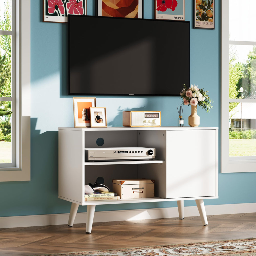 WLIVE TV Stand for 40 Inch TVs, Small Entertainment Center with Storage Cabinet, Mid-Century Modern TV Stands for Living Room and Bedroom, 32" TV Console, White