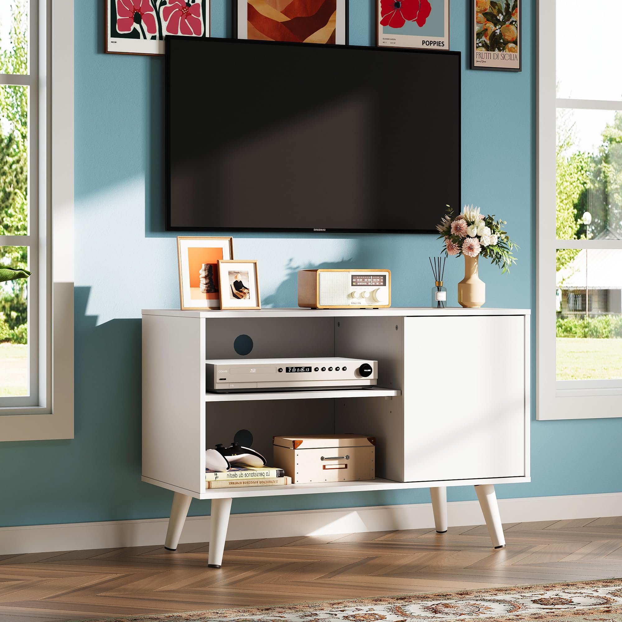 WLIVE TV Stand for 40 Inch TVs, Small Entertainment Center with Storage Cabinet, Mid-Century Modern TV Stands for Living Room and Bedroom, 32" TV Console, White