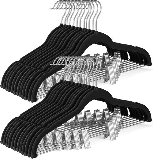 HOUSE DAY Velvet Skirt Hangers - 24 Pack Black Non-Slip Clips for Space-Saving Pants & Skirts
