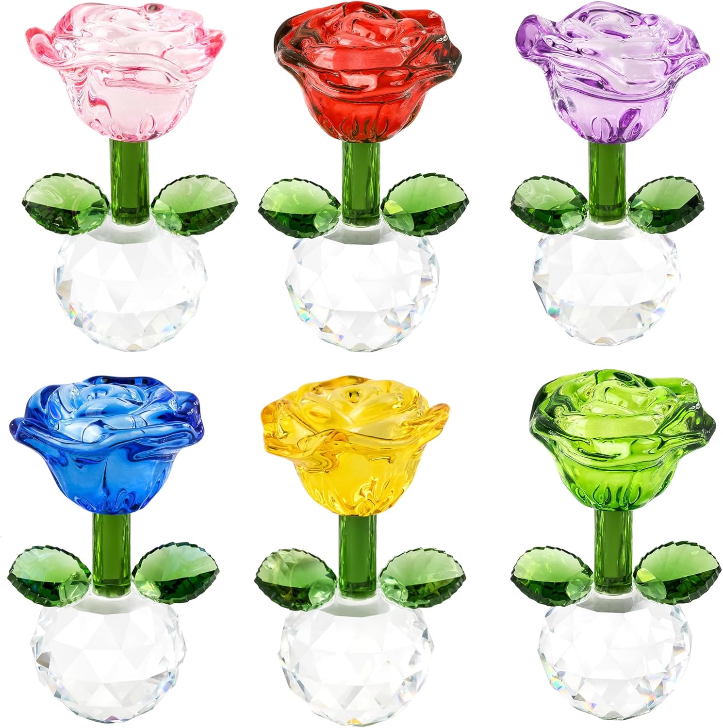 Regine Switzerland Crystal Glass Rose Flowers Figurines - Colorful Blown Glass Centerpieces | Set of 6 (3.5in)
