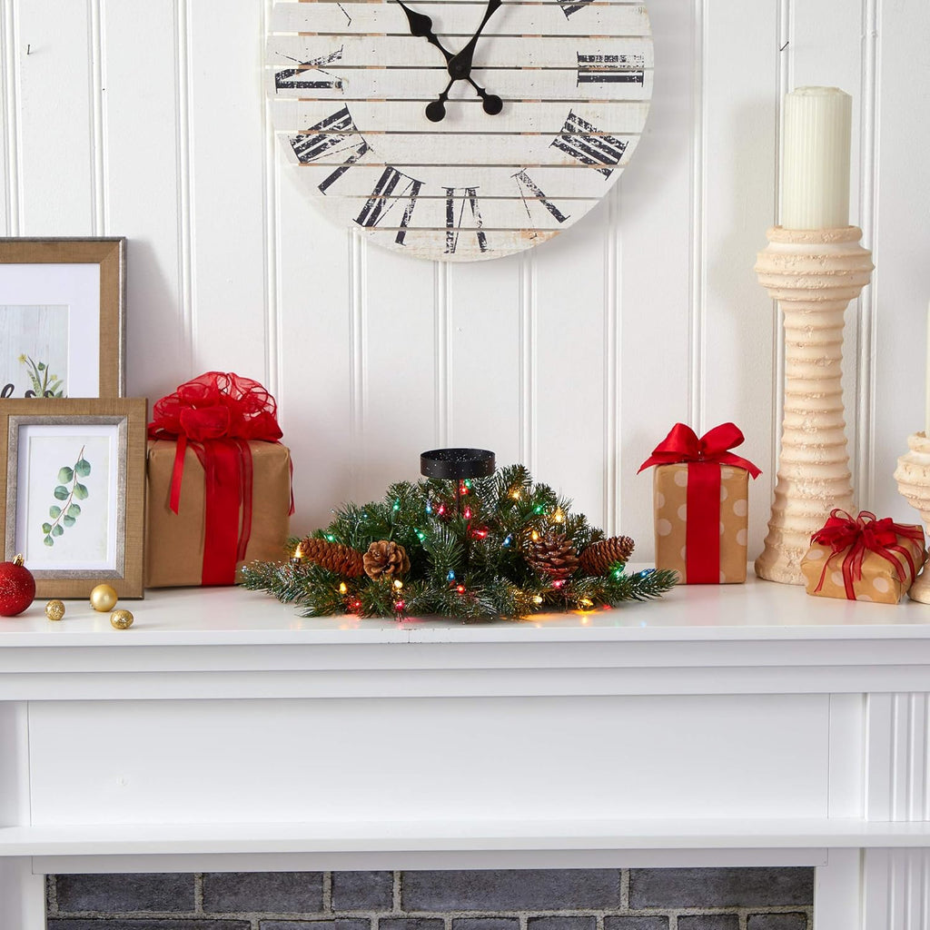 Nearly Natural 20-Inch Flocked Christmas Pine Candelabrum - Glittered with 35 Multicolored Lights & Pine Cones