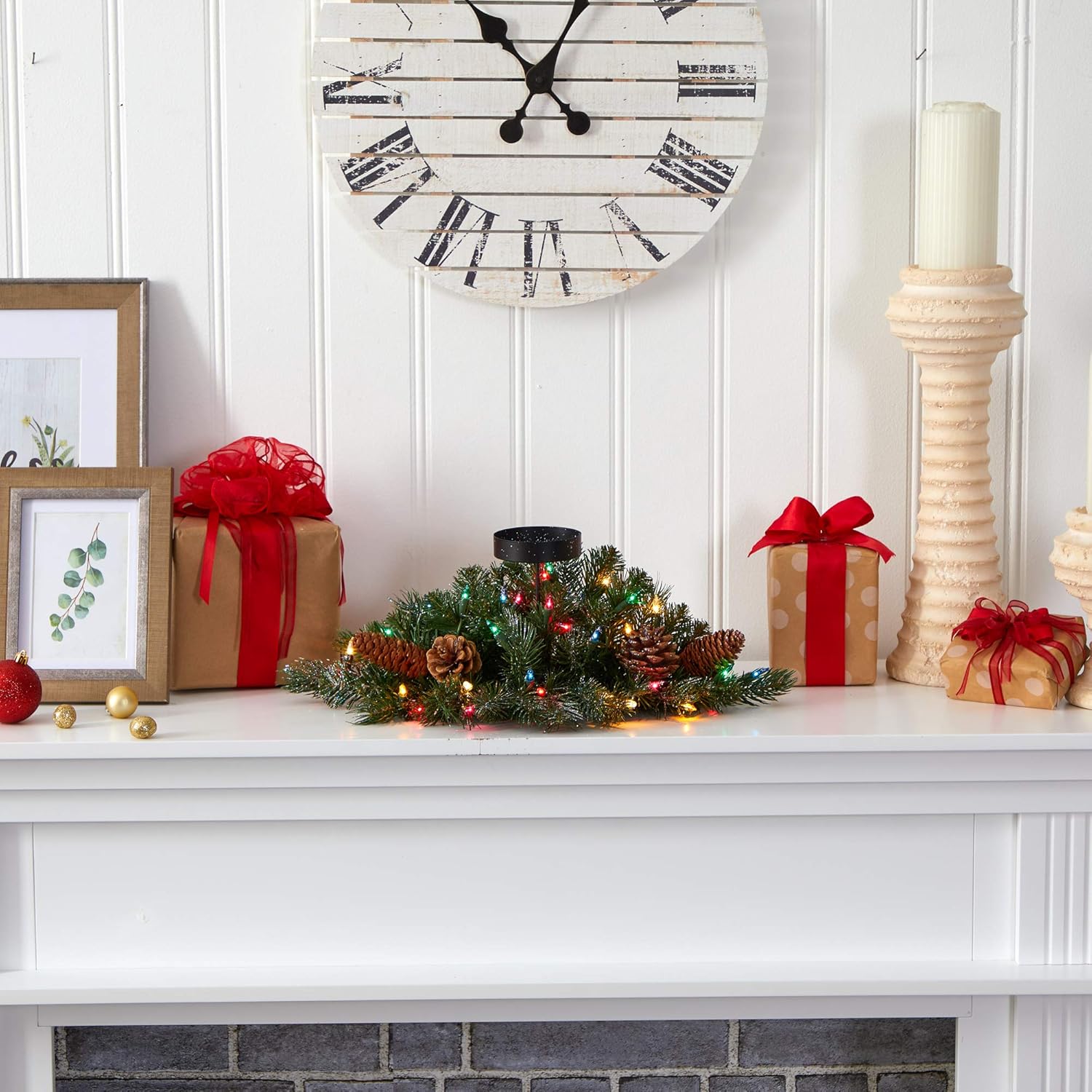 Nearly Natural 20-Inch Flocked Christmas Pine Candelabrum - Glittered with 35 Multicolored Lights & Pine Cones