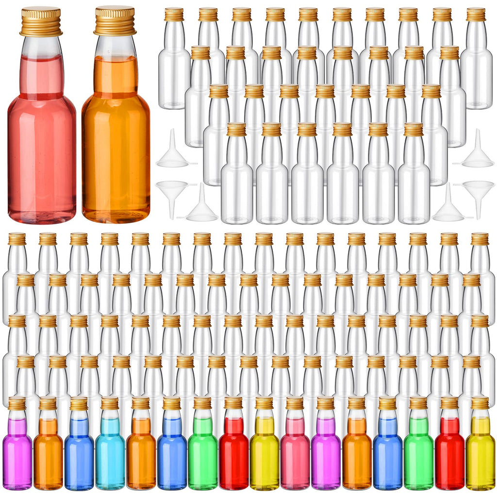 120 Pcs Mini Liquor Bottles Airtight Shot Miniature Empty Plastic Alcohol Spirit Shot Bottles with Funnels for Party Favors, Weddings(2 oz,Gold)