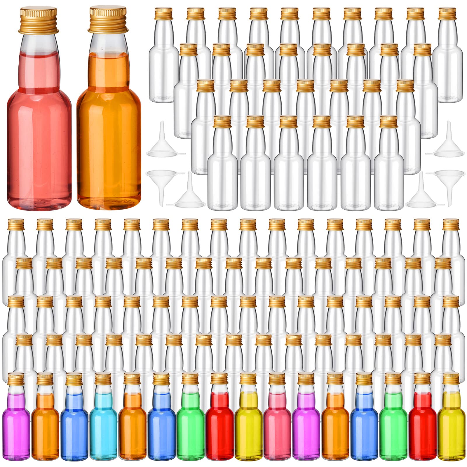 120 Pcs Mini Liquor Bottles Airtight Shot Miniature Empty Plastic Alcohol Spirit Shot Bottles with Funnels for Party Favors, Weddings(2 oz,Gold)