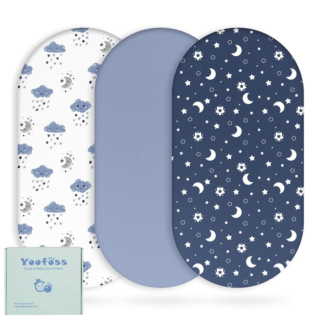 Yoofoss Bassinet Sheets - 3-Pack Fitted Set for Halo Bassinest & Baby Delight | Soft, Breathable Blue & Cloud Design