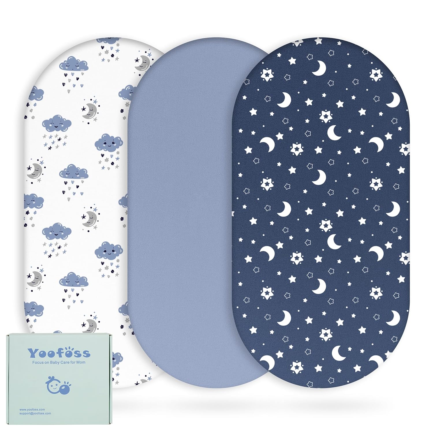Yoofoss Bassinet Sheets - 3-Pack Fitted Set for Halo Bassinest & Baby Delight | Soft, Breathable Blue & Cloud Design