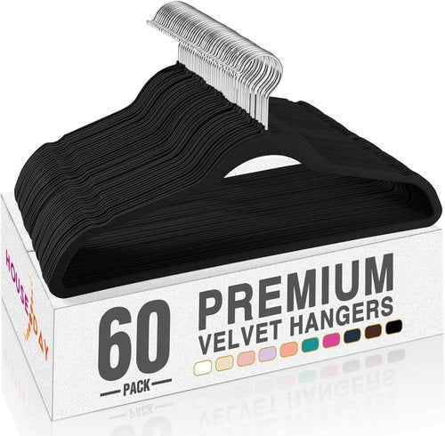 HOUSE DAY Black Velvet Hangers - Premium Non-Slip Felt Clothes Hangers | 60 Pack with Adjustable Clips