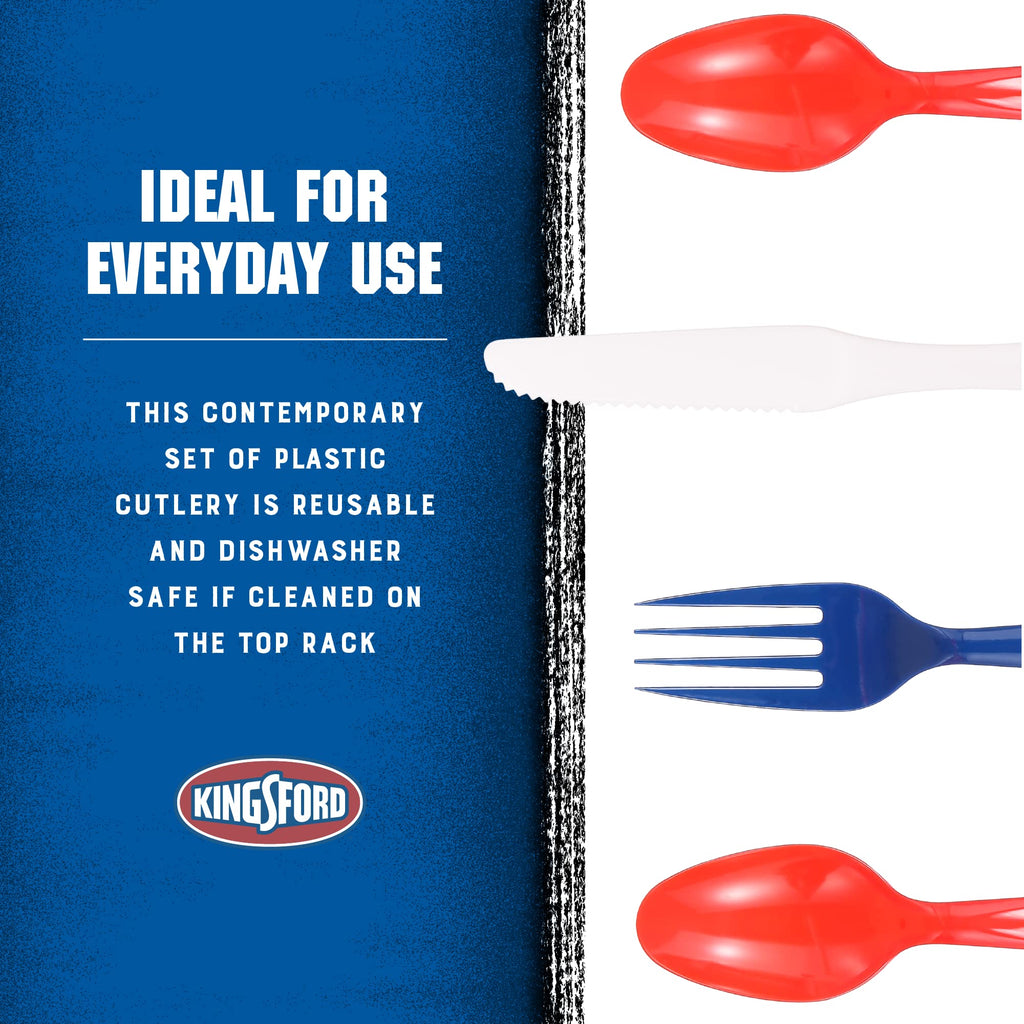 Kingsford Assorted Plastic Cutlery Set, Full Size Disposable Forks Knives & Spoons, Heavy Duty Reusable Dishwasher Safe Utensils for BBQ, Picnics, Parties & Daily Meals, Red White Blue, 75 Ct - 12 Pk
