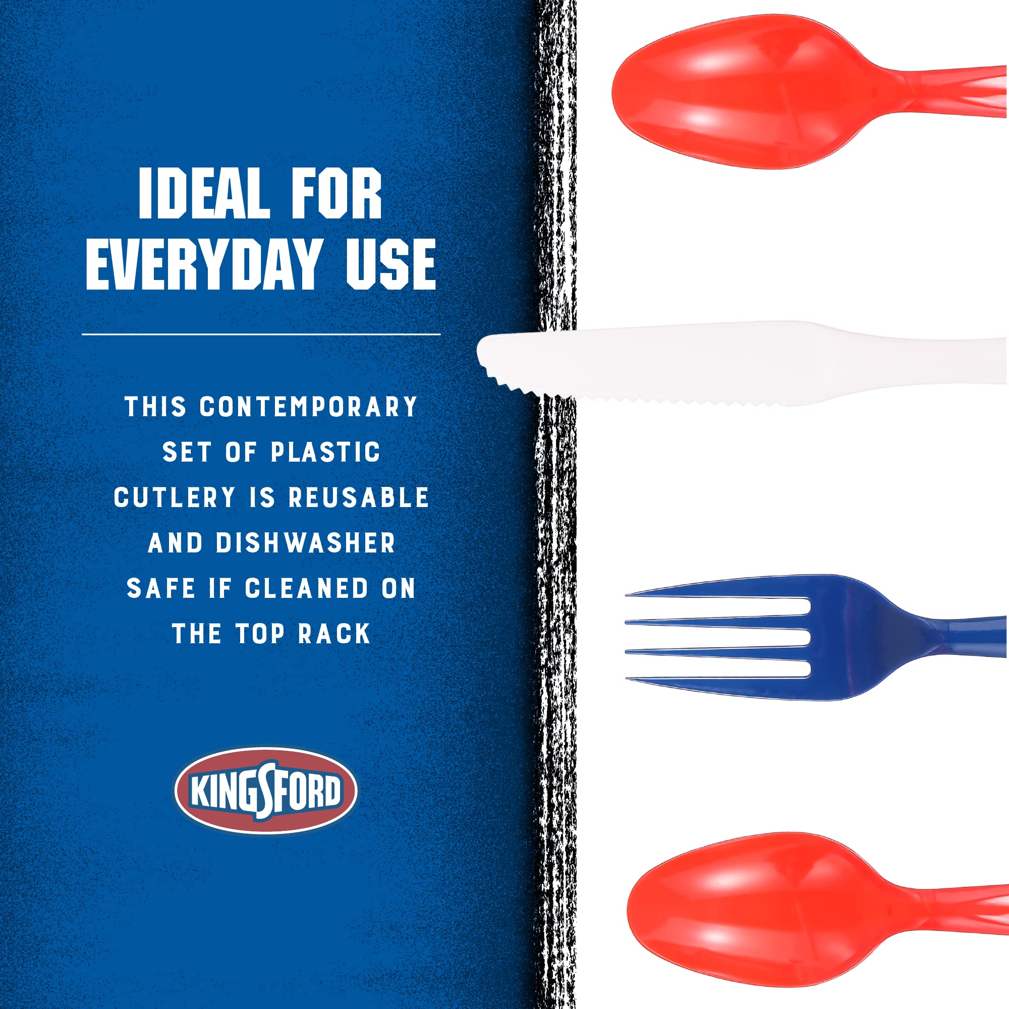 Kingsford Assorted Plastic Cutlery Set, Full Size Disposable Forks Knives & Spoons, Heavy Duty Reusable Dishwasher Safe Utensils for BBQ, Picnics, Parties & Daily Meals, Red White Blue, 75 Ct - 12 Pk