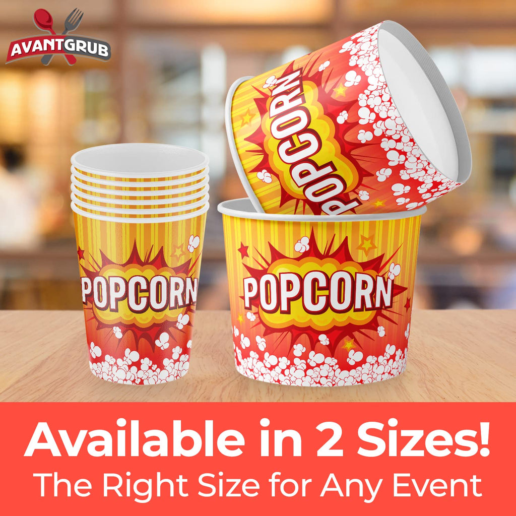Leakproof, Super Durable 32oz Popcorn Cups 100 Pack. Grease-Proof Disposable Pop Corn Tubs With Cool Design Are the Ultimate Movie Theater Accessory. Large Containers Great for Any Party or Event