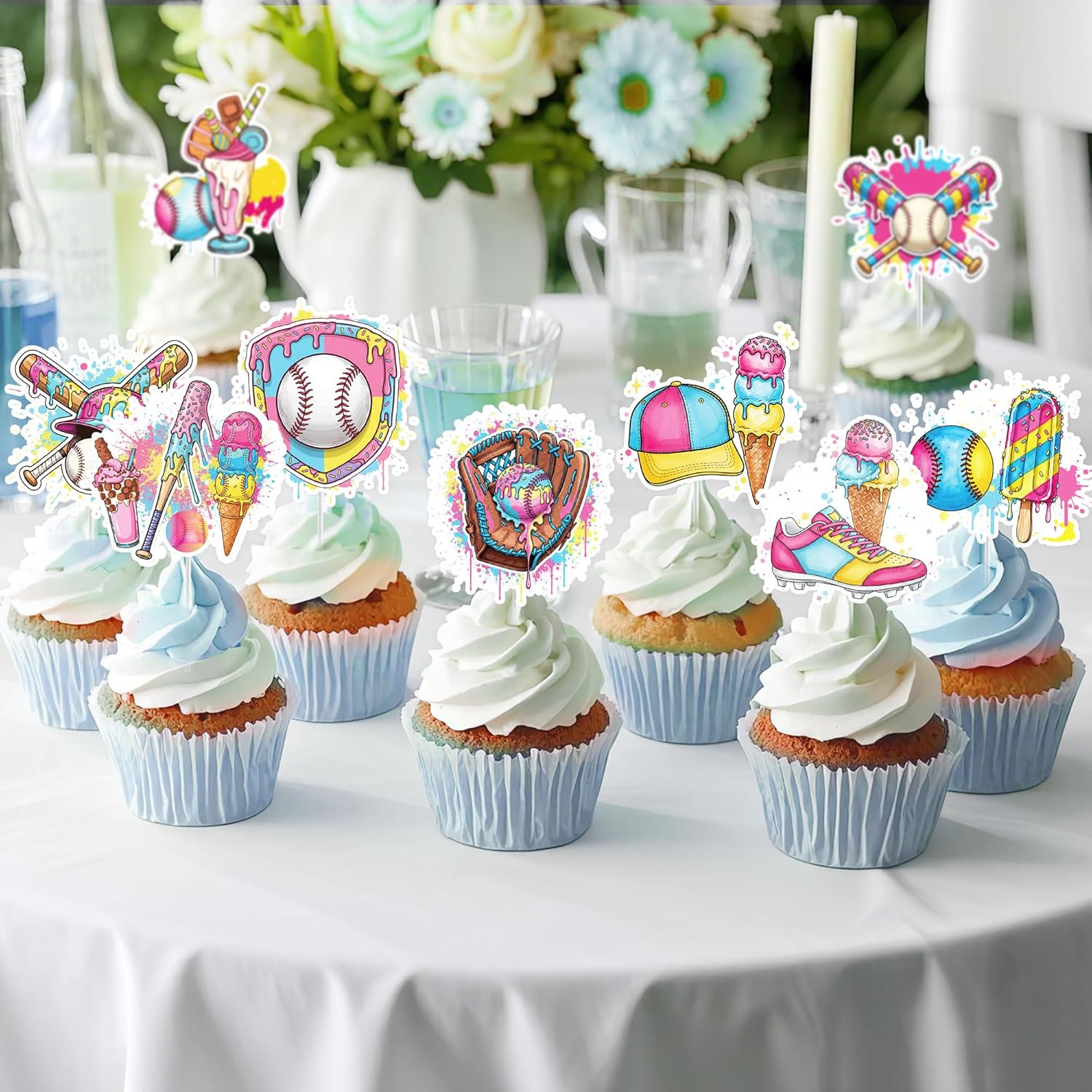 Regine Switzerland Ice Cream Drip Baseball Party Decorations - 36 Pcs Cupcake Toppers for Kids' Birthdays