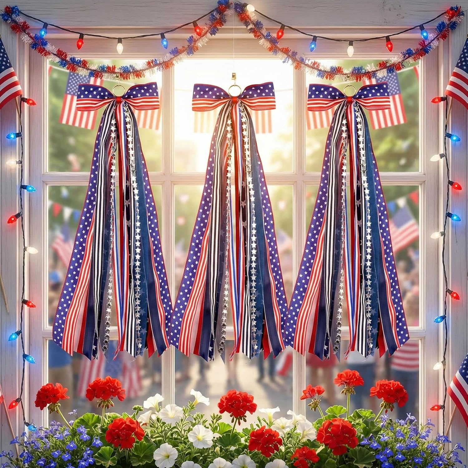 YKW Patriotic Wreath Sash - 27.5" Red, White & Blue Ribbon Bundle with Star Charm for 4th of July Decor