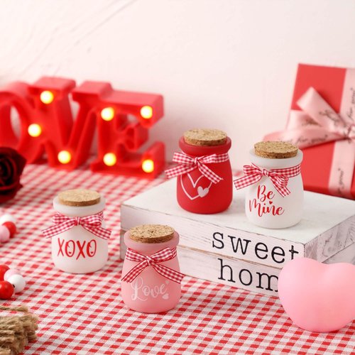 4 Pcs Valentines Day Tiered Tray Decor, Mini Mason Jars for Valentines Table Decor, Valentines Gift for Women, Small Valentines Day Decorations for Home, Office, Tiered Tray, Desk, Shelves