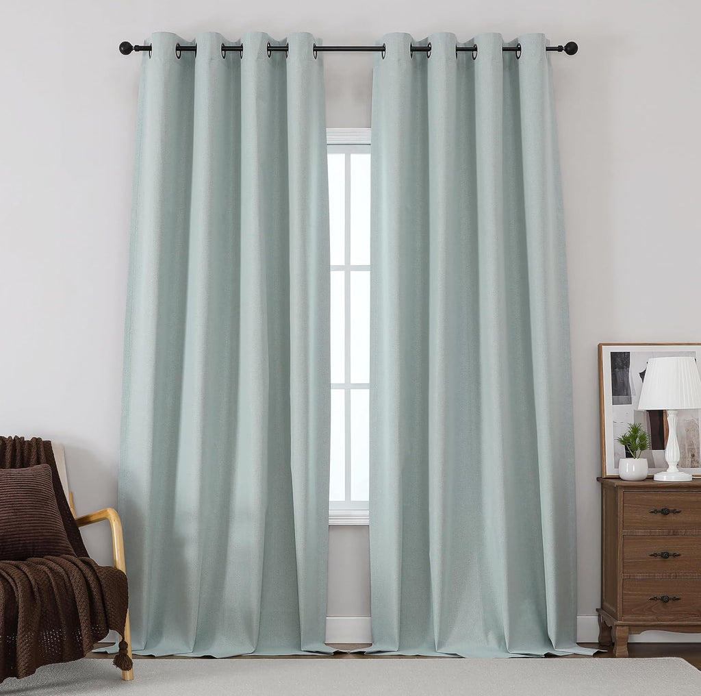 THOOO 100% Blackout Curtains - Natural Linen Textured Grommet Panels | 95-Inch Sage Green for Bedroom & Nursery