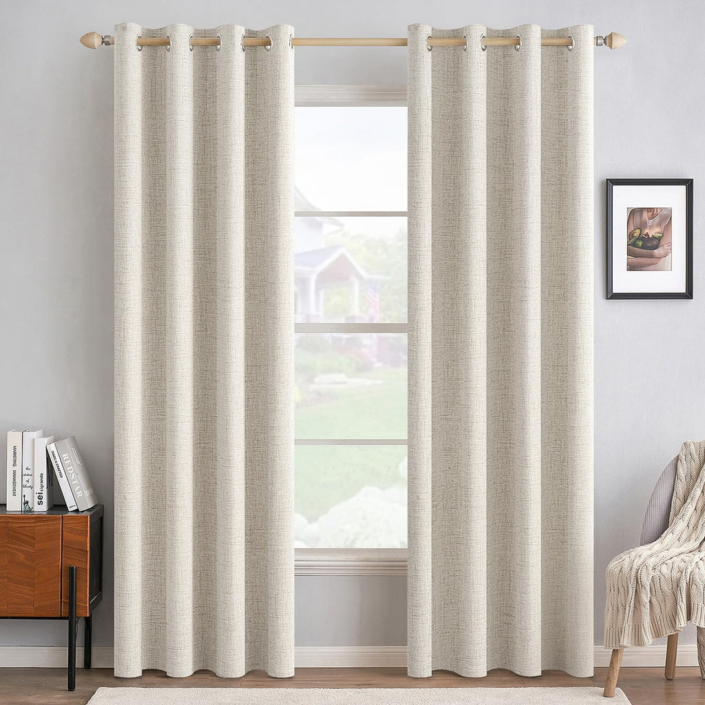 MIULEE 100% Blackout Linen Curtains - Thermal Insulated Birch Grommet Drapes for Bedroom & Living Room | 52 x 84 Inch (2 Panels)