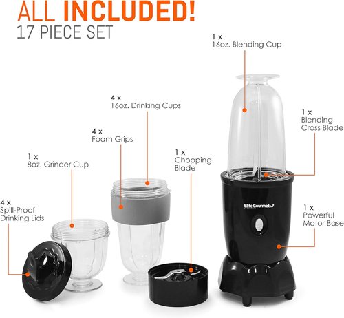 Elite Gourmet 17-Piece Personal Drink Mixer Blender - 16 Oz Capacity with Chopping & Blending Blades