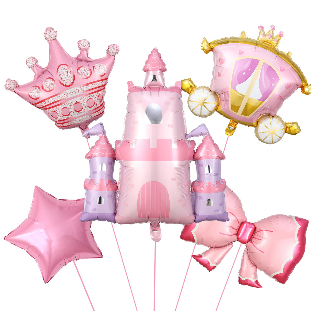 PageebO Princess Birthday Party Decorations, 5Pcs Pink Bow Castle Carriage Crown Cute Mylar Balloons for Princess Party Favors Baby Shower Once upon a Time Girl Birthday Decorations Room Decor