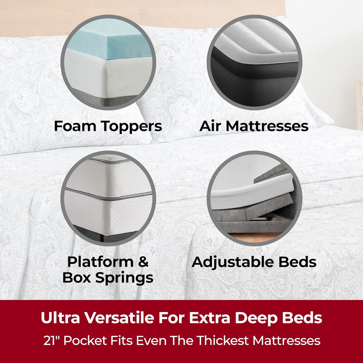 Mellanni Extra Deep Queen Sheets | 4 PC Hotel Luxury Bedding - Ultra Soft, Cooling, Wrinkle Resistant (Queen, Paisley Gray)