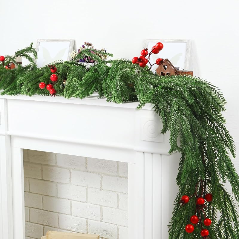 4 Pcs 6 ft Artificial Norfolk Pine Garland with Red Berries - Realistic Greenery Xmas Garlands for Mantle, Staircase, Fireplace (Variation of THIS listing: 4)