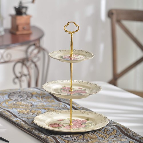 YOLIFE Floral Teapots & 3 Tiered CupCake Stand & Sugar and Creamer Set (Rose)