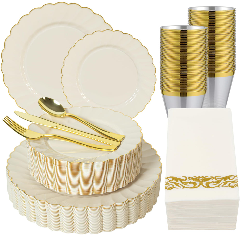 ISFANGCO175PCS Ivory Fancy Disposable Dinnerware Set-Ivory Scalloped Plastic Plates with Gold Rim -25 Dinner&25Dessert Plates, 75 Silverware Set, 25 Napkins and 25 Cups（25 Guests）
