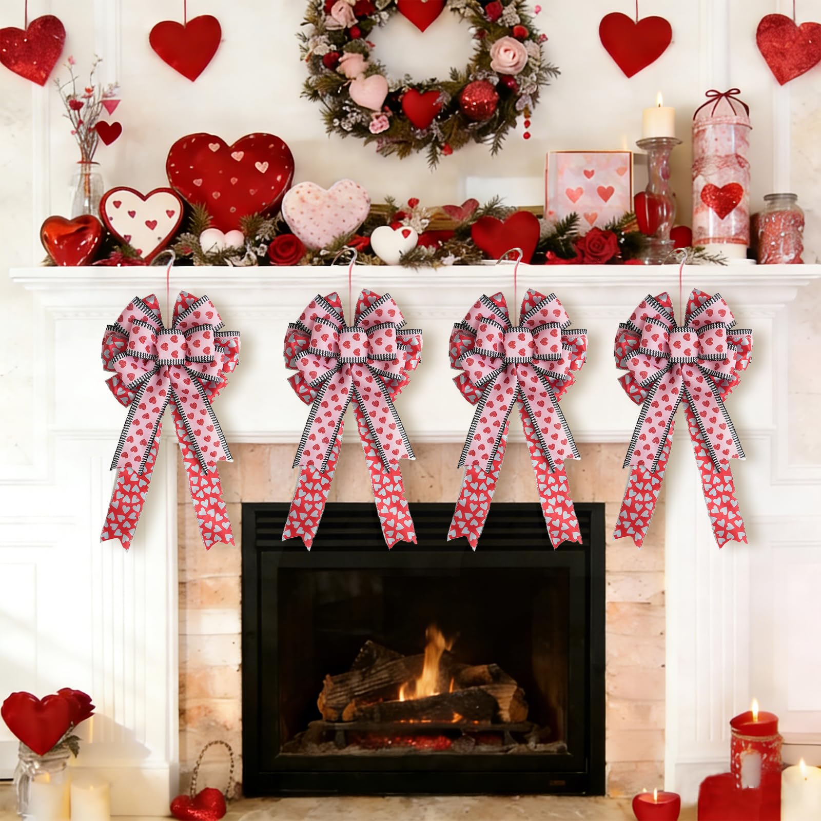 idyllic 18x10 Inch 2 Pcs Valentine's Day Pink Bow with Heart Print, Decor for Wreath Mantel Wall Window for Valentine's Day Wedding Anniversary Candlelight Dinner Home Decor Gift