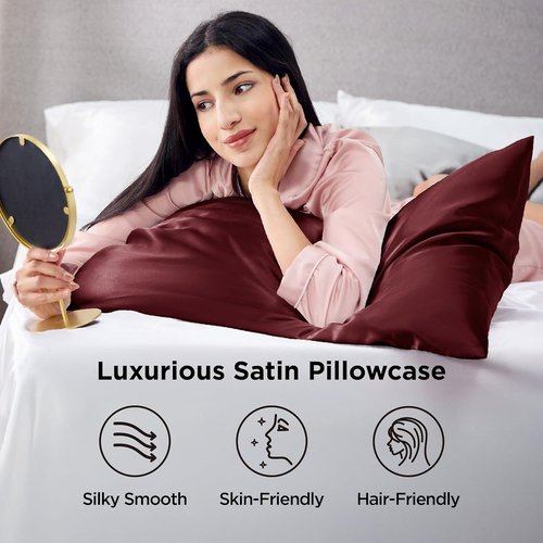 Bedsure Satin Pillowcase - Luxurious Burgundy Silk for Hair & Skin | 2 Pack 20x26 Inches