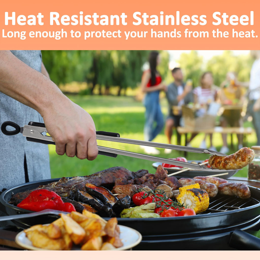 17-Inch Long Wood-Handled Grill Tongs, Stainless Steel Metal Tongs for Cooking, Grilling, Charcoal, Barbecue/BBQ, Buffet