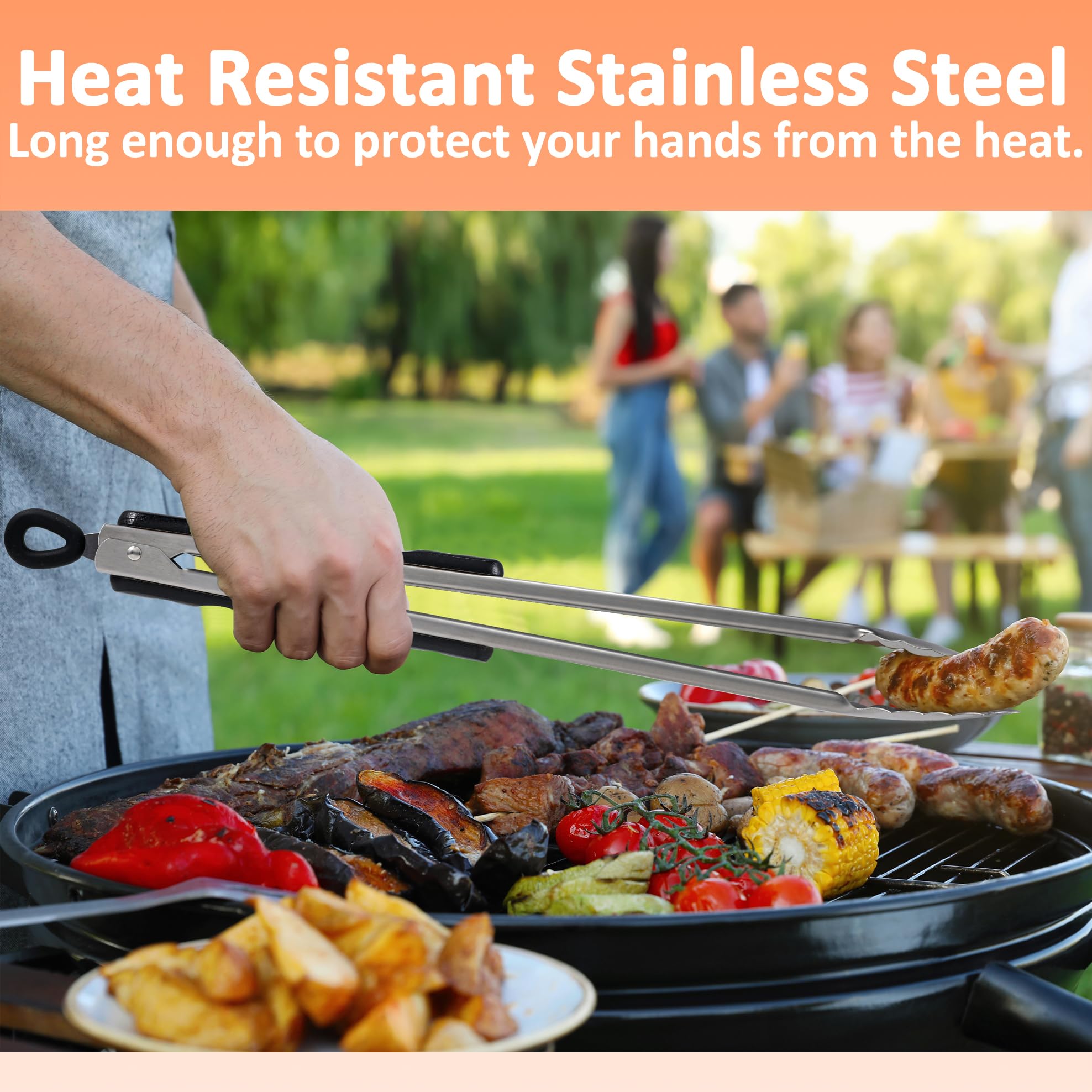 17-Inch Long Wood-Handled Grill Tongs, Stainless Steel Metal Tongs for Cooking, Grilling, Charcoal, Barbecue/BBQ, Buffet