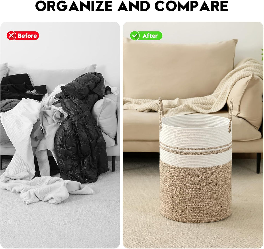Skiennix Laundry Basket Hamper - Tall Woven Rope Storage for Blankets & Toys | 60L Brown & White