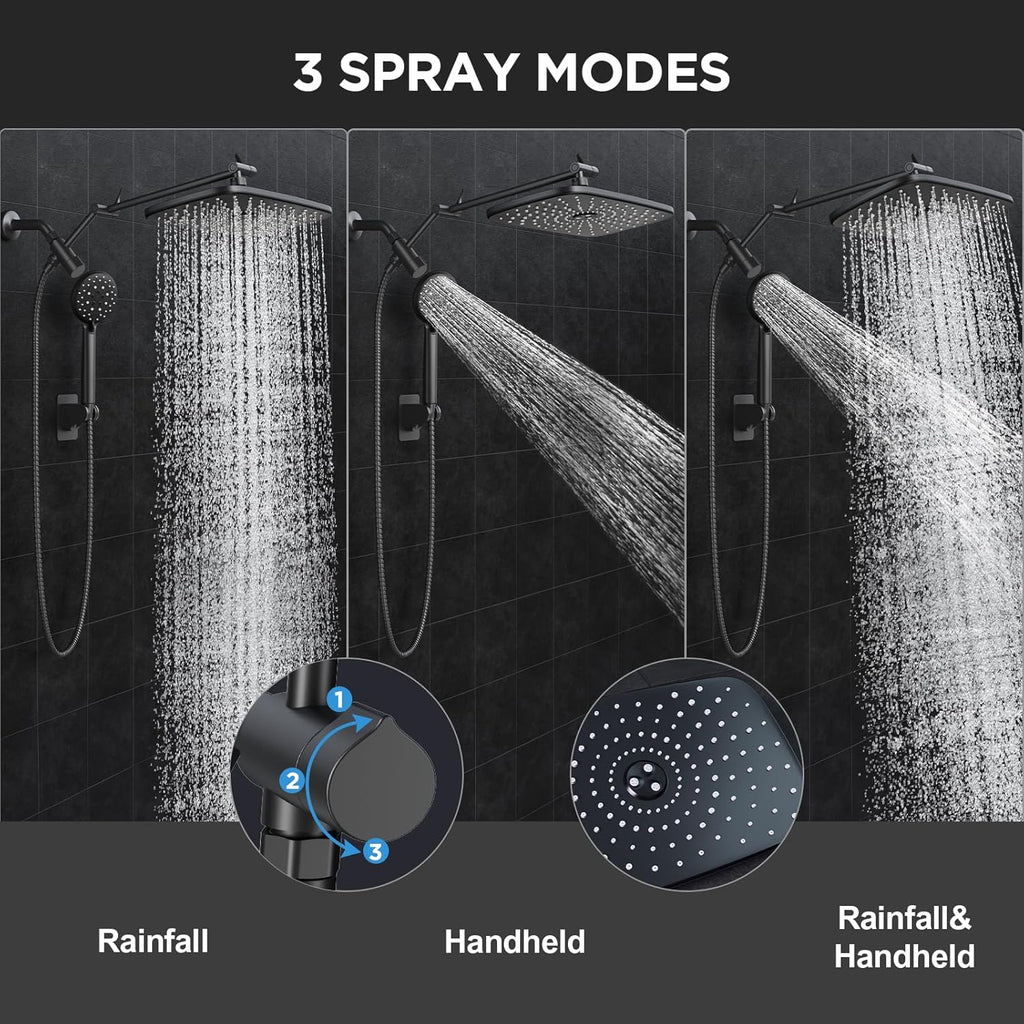 Veken Rain Shower Head - High Pressure Handheld Shower with Multi Spray Modes | 11.8" Matte Black