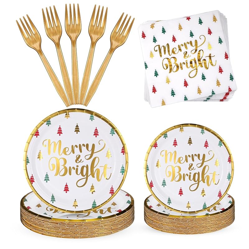 Christmas Paper Plates & Napkins Set, 96 Pcs Party Supplies with Forks